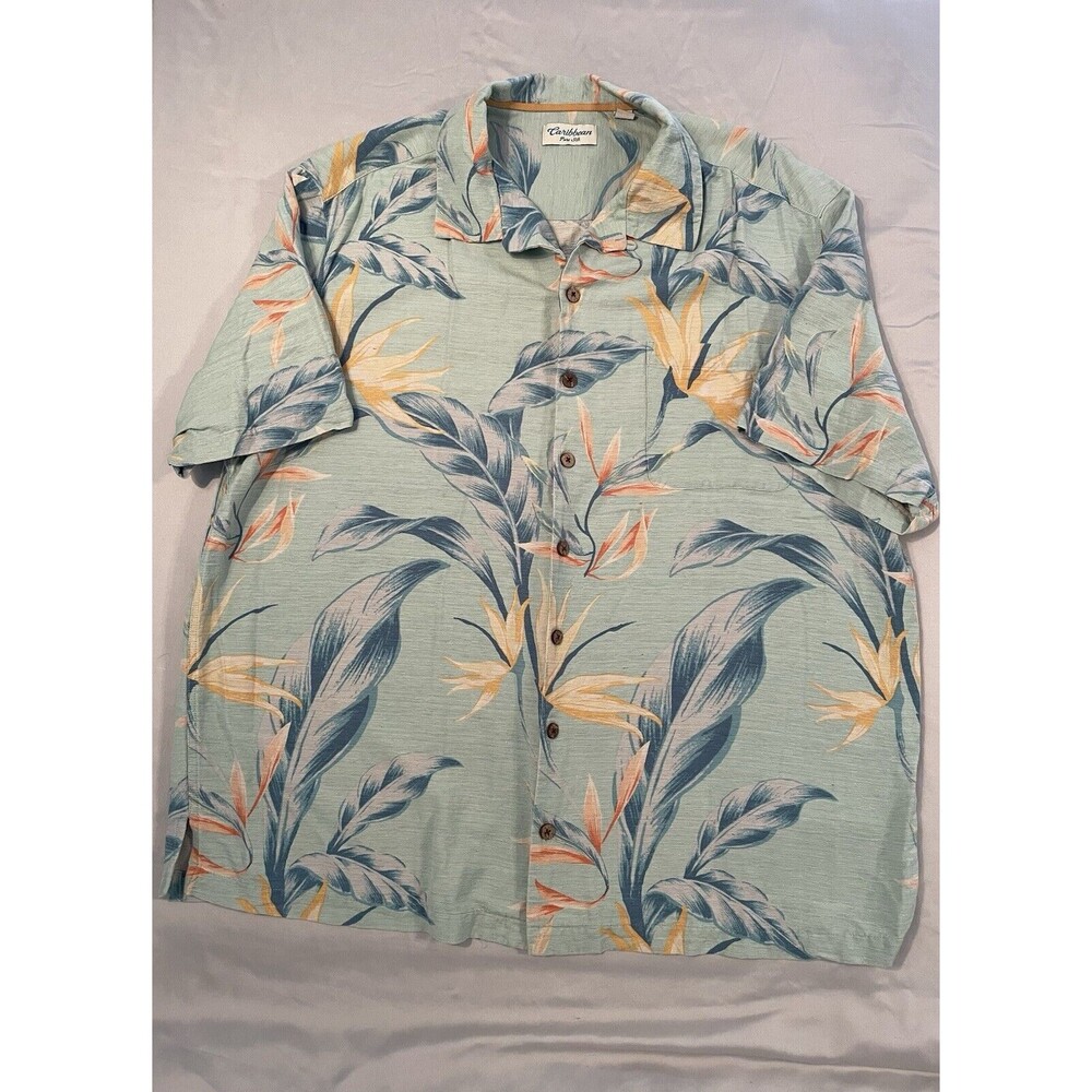 Caribbean Shirt Men 2XB Blue Hawaiian Floral 100 % Silk